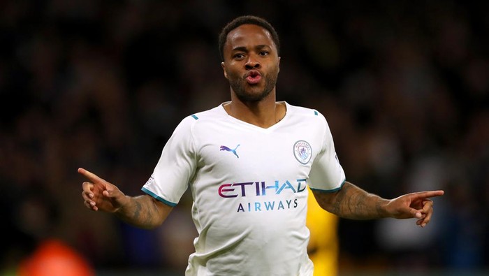 Manchester Citys Raheem Sterling celebrates scoring a goal shortly before it is disallowed for offside during the Premier League match at the Molineux Stadium, Wolverhampton. Picture date: Wednesday May 11, 2022. (Photo by Bradley Collyer/PA Images via Getty Images)