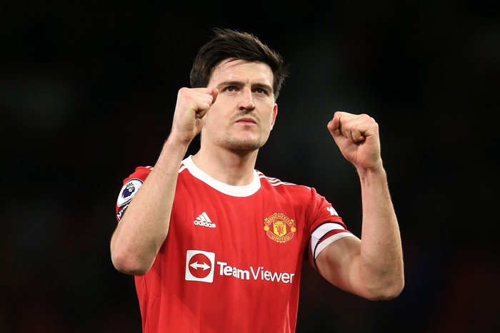 MANCHESTER, ENGLAND - MARCH 12: Harry Maguire of Manchester United celebrates victory after the Premier League match between Manchester United and Tottenham Hotspur at Old Trafford on March 12, 2022 in Manchester, United Kingdom. (Photo by Simon Stacpoole/Offside/Offside via Getty Images)