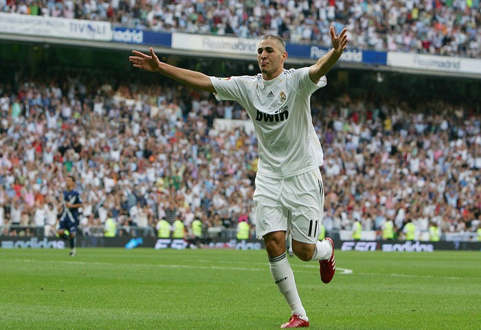 Karim Benzema Karin Benzema of Real Madrid celebrates his second goal during the La Liga 1st Division match between Real Madrid and C.D.Tenerife at the Stadio Santiago Bernabeu in Madrid, Spain. | Location: Madrid, Spain. (Photo by ben radford/Corbis via Getty Images)