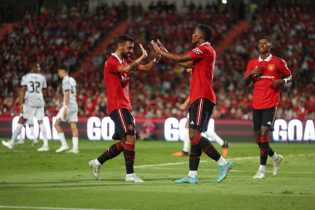 BANGKOK, THAILAND - JULY 12: Anthony Martial of Manchester United celebrates after scoring a goal to make it 3-0 during the preseason friendly match between Liverpool and Manchester United at Rajamangala Stadium on July 12, 2022 in Bangkok, Thailand. (Photo by Matthew Ashton - AMA/Getty Images)