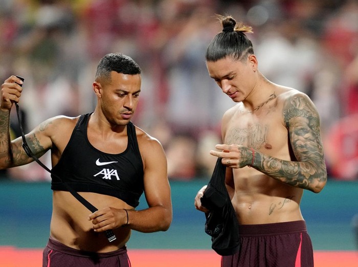 Soccer Football - Pre-Season Friendly - Liverpool Training - Rajamangala National Stadium, Bangkok, Thailand - July 11, 2022  Liverpool's Darwin Nunez and Thiago Alcantara during training REUTERS/Athit Perawongmetha
