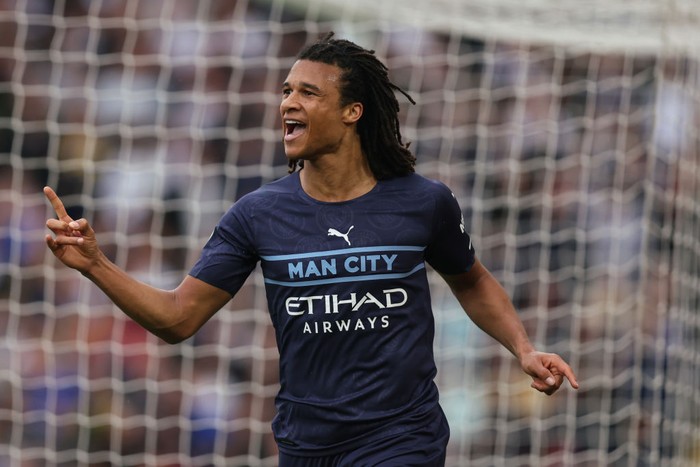 LEEDS, ENGLAND - APRIL 30: Nathan Ake of Manchester City celebrates after scoring a goal to make it 0-2  during the Premier League match between Leeds United and Manchester City at Elland Road on April 30, 2022 in Leeds, United Kingdom. (Photo by Matthew Ashton - AMA/Getty Images)
