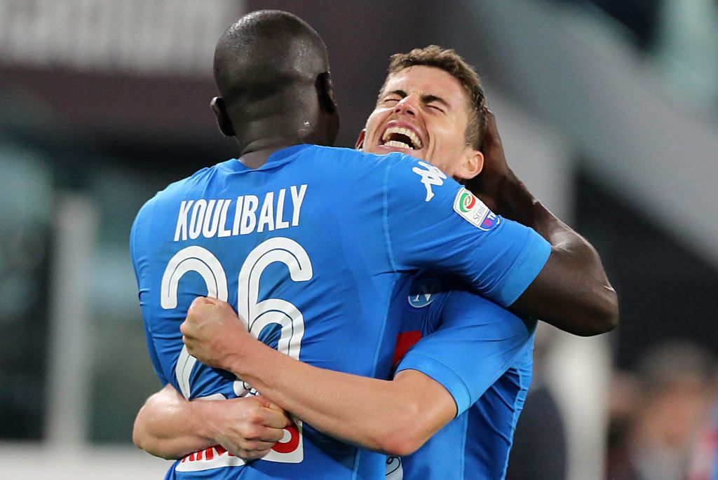 ALLIANZ STADIUM, TORINO, PIEMONTE, ITALY - 2018/04/22: Napoli's French defender Kalidou Koulibaly (R) celebrates with teammate Napoli's Italian midfielder Brazilian-born Jorginho after scoring a goal during the Italian Serie A football match FC Juventus vs SSC Napoli on April 22 2018 at the Allianz Stadium. SSC Napoli won the match 1-0. (Photo by Pietro Mosca/KONTROLAB /LightRocket via Getty Images)