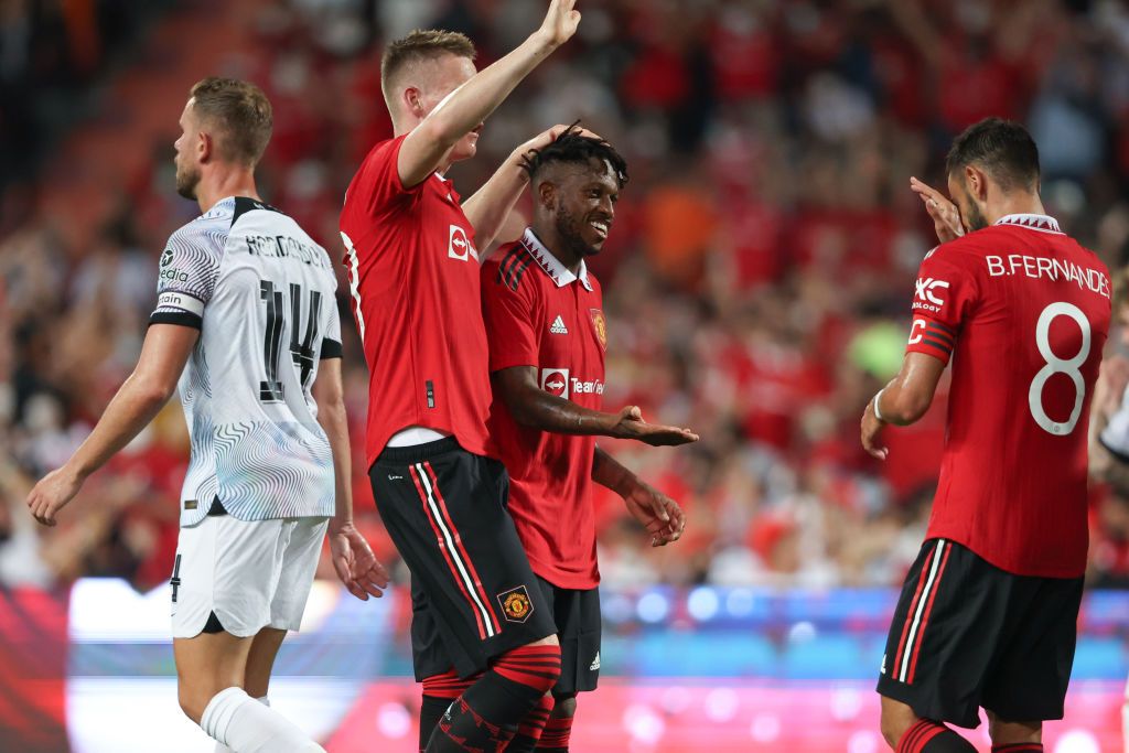 BANGKOK, THAILAND - JULY 12: Fred of Manchester United celebrates after scoring a goal to make it 2-0 during the preseason friendly match between Liverpool and Manchester United at Rajamangala Stadium on July 12, 2022 in Bangkok, Thailand. (Photo by Matthew Ashton - AMA/Getty Images)