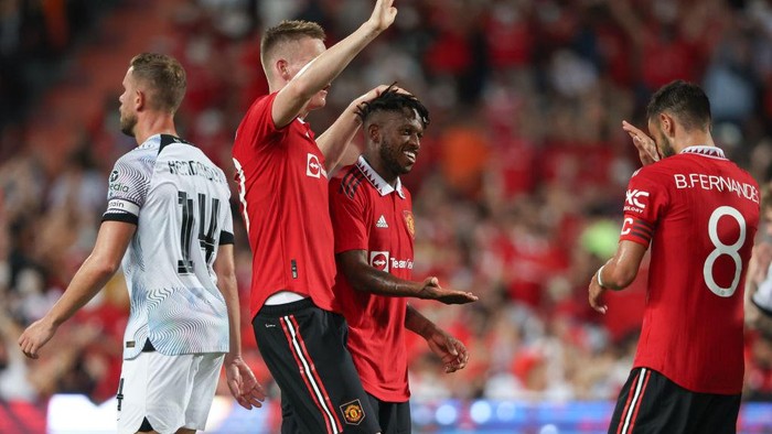 BANGKOK, THAILAND - JULY 12: Fred of Manchester United celebrates after scoring a goal to make it 2-0 during the preseason friendly match between Liverpool and Manchester United at Rajamangala Stadium on July 12, 2022 in Bangkok, Thailand. (Photo by Matthew Ashton - AMA/Getty Images)