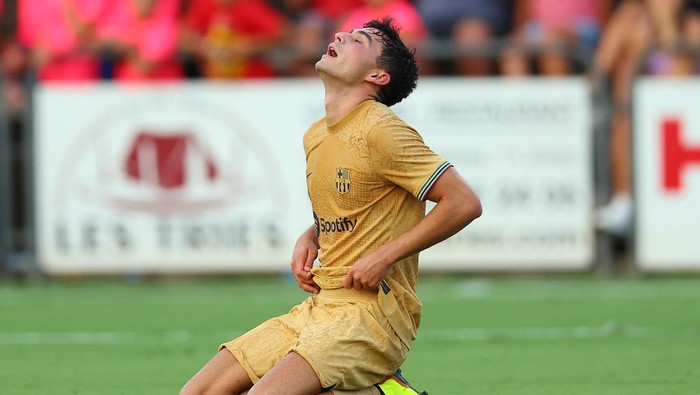 OLOT, SPAIN - JULY 13: Pedro Pedri Gonzalez  of FC Barcelona reacts during the pre-season friendly match between UE Olot and FC Barcelona at Nou Estadi Municipal on July 13, 2022 in Olot, Spain. (Photo by Eric Alonso/Getty Images)