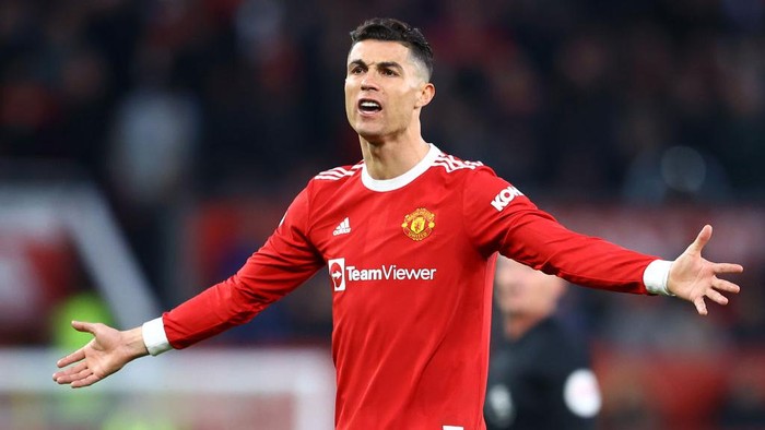 MANCHESTER, ENGLAND - APRIL 28: Cristiano Ronaldo of Manchester United reacts during the Premier League match between Manchester United and Chelsea at Old Trafford on April 28, 2022 in Manchester, England. (Photo by Michael Steele/Getty Images)