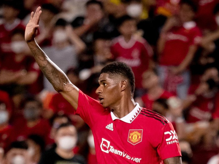 BANGKOK, THAILAND - JULY 12: Marcus Rashford of Manchester United in action during the preseason friendly match between Liverpool and Manchester United at Rajamangala Stadium on July 12, 2022 in Bangkok, Thailand. (Photo by Ash Donelon/Manchester United via Getty Images)
