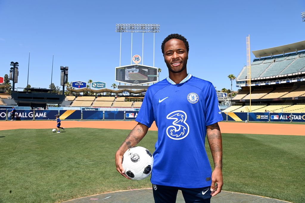 LOS ANGELES, CA - JULY 13: Raheem Sterling of Chelsea during a visit to Dodger Stadium on July 13, 2022 in Los Angeles, California. (Photo by Darren Walsh/Chelsea FC via Getty Images)