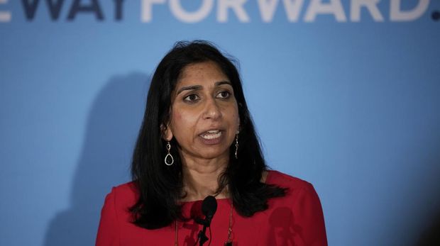 Suella Braverman Suella Braverman, the Attorney General for England and Wales and one of the contenders to be the new leader of Britain's ruling Conservative Party speaks at the Conservative Way Forward Relaunch event, which seeks to redefine the territory on which the Conservative Party operates, at the Churchill War Rooms, in London, Monday, July 11, 2022. Candidates to replace Boris Johnson as Britain's prime minister are scattering tax-cutting promises to their Conservative Party electorate, as party officials prepare Monday to quickly narrow the crowded field of more than ten candidates. (AP Photo/Matt Dunham)