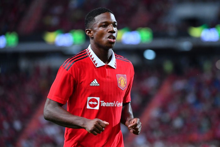 BANGKOK, THAILAND - JULY 12: Tyrell Malacia #12 of Manchester United in action during the preseason friendly match between Liverpool and Manchester United at Rajamangala Stadium on July 12, 2022 in Bangkok, Thailand. (Photo by Supakit Wisetanuphong/MB Media/Getty Images)