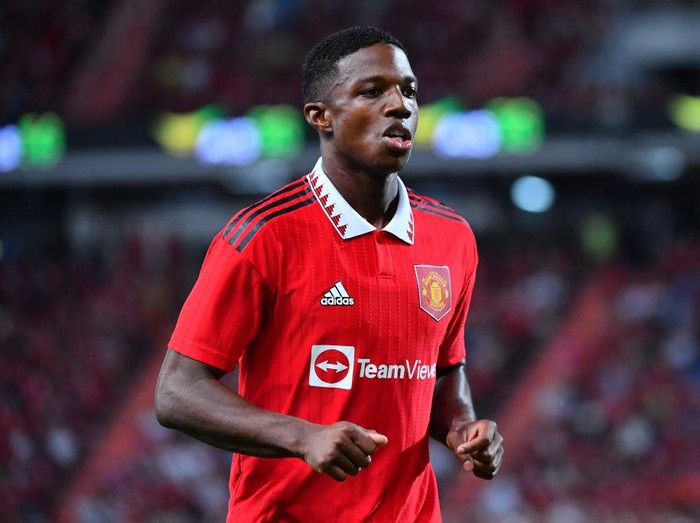 BANGKOK, THAILAND - JULY 12: Tyrell Malacia #12 of Manchester United in action during the preseason friendly match between Liverpool and Manchester United at Rajamangala Stadium on July 12, 2022 in Bangkok, Thailand. (Photo by Supakit Wisetanuphong/MB Media/Getty Images)