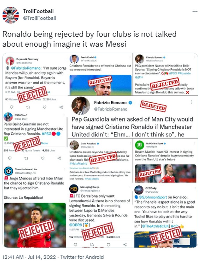 Meme Cristiano Ronaldo ditolak berbagai klub papan atas Eropa.