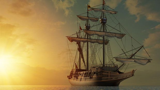 ilustrasi kapal bajak laut Spanish galleon ship on the open seas by shining sunset. 3D Illustration.