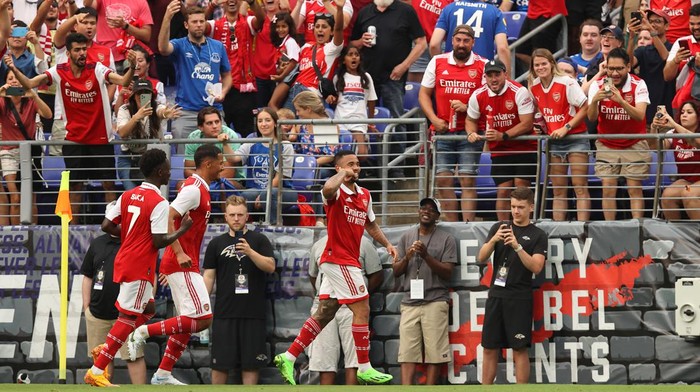 BALTIMORE, MD - JULY 16: Gabriel Jesus of Arsenal celebrates after scoring a goal to make it 1-0 during the pre season friendly between Arsenal and Everton at M&T Bank Stadium on July 16, 2022 in Baltimore, Maryland. (Photo by James Williamson - AMA/Getty Images)