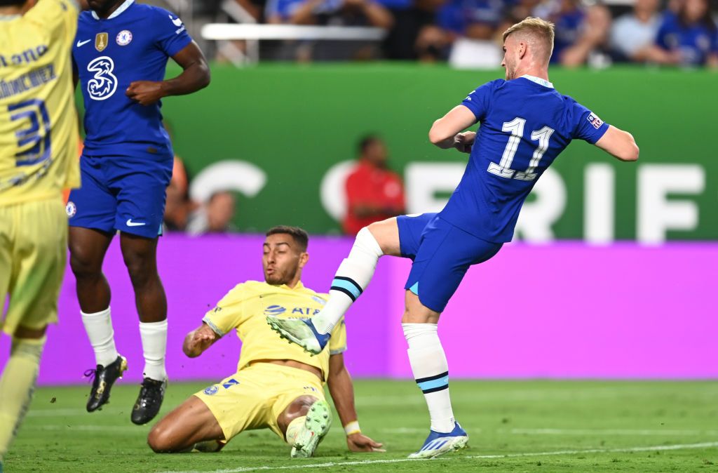LAS VEGAS, NEVADA - JULY 16: Timo Werner of Chelsea celebrates with teammates after scoring their side's first goal during the Preseason Friendly match between Chelsea and Club America at Allegiant Stadium on July 16, 2022 in Las Vegas, Nevada. (Photo by Darren Walsh/Chelsea FC via Getty Images)