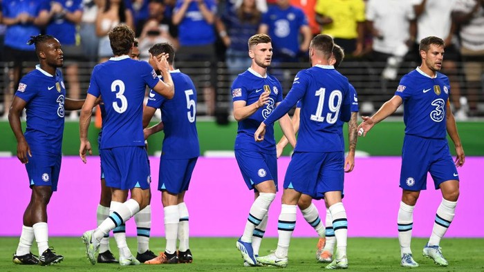 LAS VEGAS, NEVADA - JULY 16: Timo Werner of Chelsea celebrates with teammates after scoring their sides first goal during the Preseason Friendly match between Chelsea and Club America at Allegiant Stadium on July 16, 2022 in Las Vegas, Nevada. (Photo by Darren Walsh/Chelsea FC via Getty Images)
