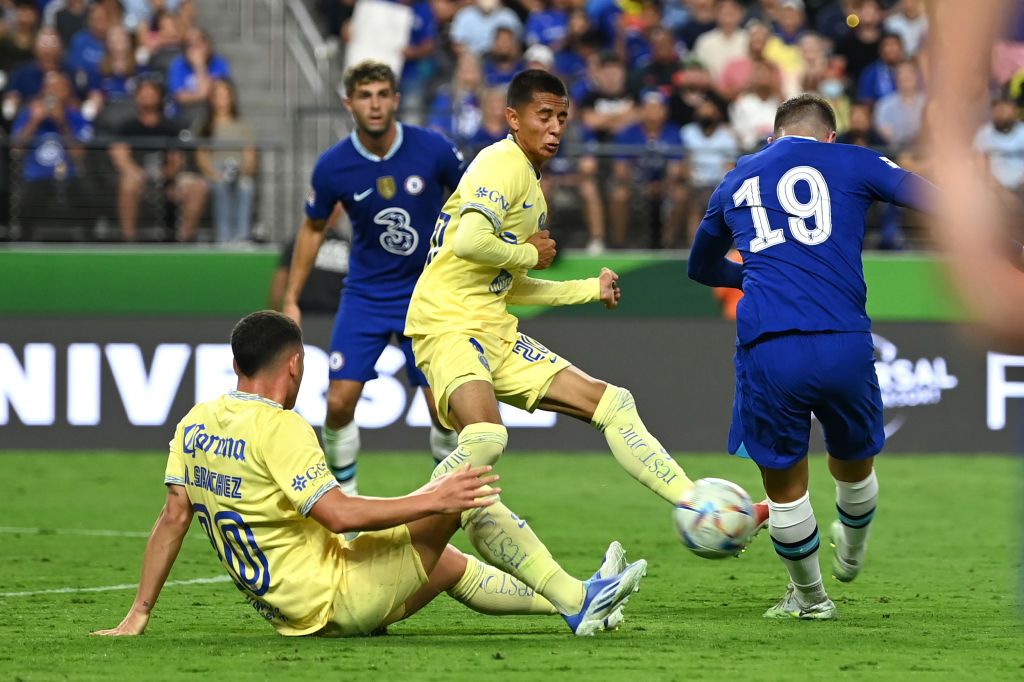 LAS VEGAS, NEVADA - JULY 16: Mason Mount of Chelsea scores their side's second goal during the Preseason Friendly match between Chelsea and Club America at Allegiant Stadium on July 16, 2022 in Las Vegas, Nevada. (Photo by Darren Walsh/Chelsea FC via Getty Images)