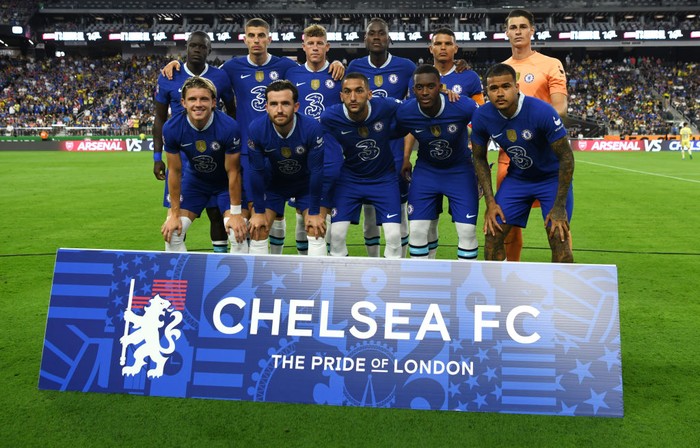 LAS VEGAS, NEVADA - JULY 16: Timo Werner of Chelsea celebrates with teammates after scoring their sides first goal during the Preseason Friendly match between Chelsea and Club America at Allegiant Stadium on July 16, 2022 in Las Vegas, Nevada. (Photo by Darren Walsh/Chelsea FC via Getty Images)
