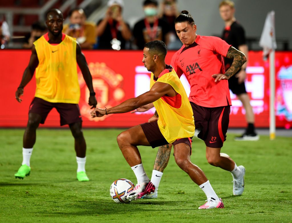 BANGKOK, THAILAND - JULY 11: (THE SUN OUT, THE SUN ON SUNDAY OUT) Darwin Nunez and Thiago Alcantara of Liverpool during an open training session at Rajamangala National Stadium on July 11, 2022 in Bangkok, Thailand. (Photo by Andrew Powell/Liverpool FC via Getty Images)