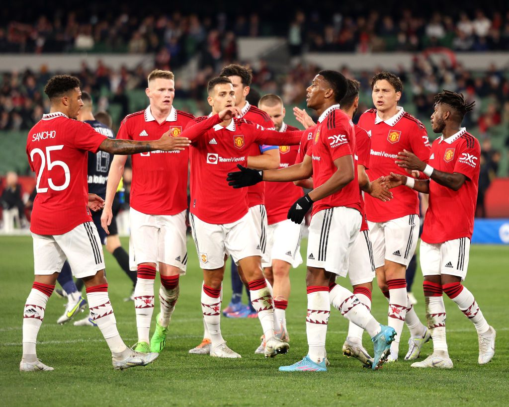 MELBOURNE, AUSTRALIA - JULY 15: United players celebrate a goal during the Pre-Season friendly match between Melbourne Victory and Manchester United at Melbourne Cricket Ground on July 15, 2022 in Melbourne, Australia. (Photo by Jonathan DiMaggio/Getty Images)
