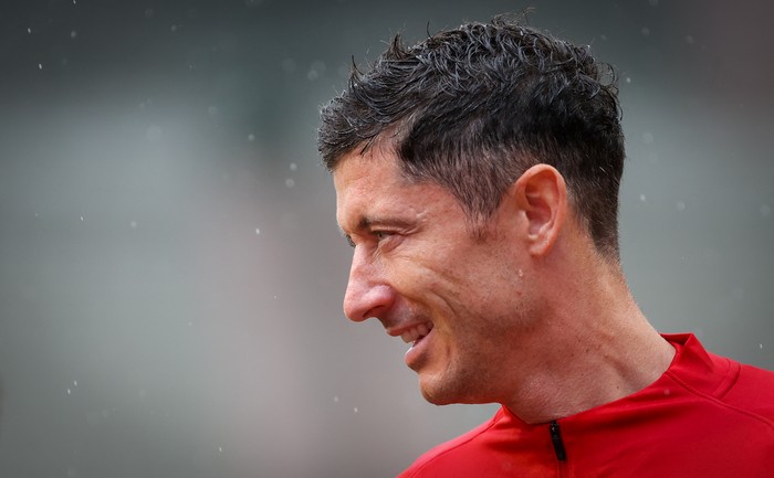 Poland's Robert Lewandowski pictured during a training session of the Polish national soccer team, Tuesday 07 June 2022 in Brussels, during the preparations for the upcoming UEFA Nations League matches. Poland will play Tomorrow against Belgian national team, the Red Devils. BELGA PHOTO VIRGINIE LEFOUR (Photo by VIRGINIE LEFOUR / BELGA MAG / Belga via AFP) (Photo by VIRGINIE LEFOUR/BELGA MAG/AFP via Getty Images)