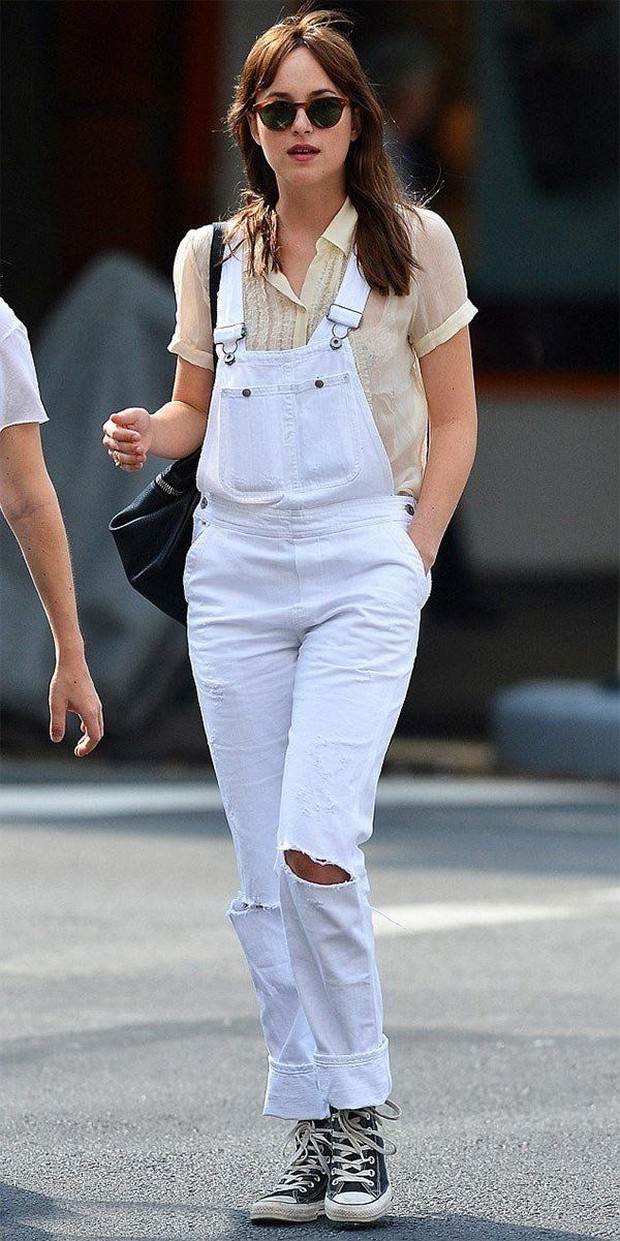 Dakota Johnson styling overalls/