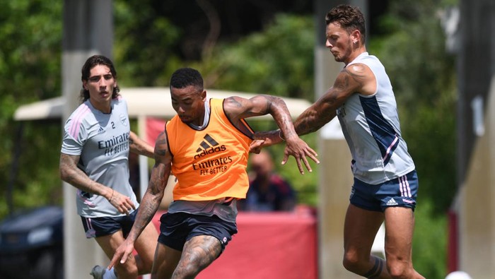 ORLANDO, FLORIDA - JULY 19: (L-R0 Gabriel Jesus and Ben White of Arsenal during a training session at the Omni Resort on July 19, 2022 in Orlando, Florida. (Photo by Stuart MacFarlane/Arsenal FC via Getty Images)
