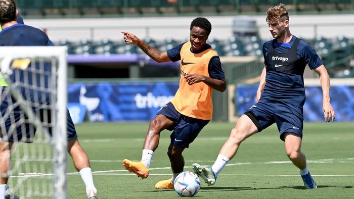 ORLANDO, FL - JULY 18: Raheem Sterling and Timo Werner of Chelsea during a training session at Osceola Heritage Park Orlando FC Training Facility on July 18, 2022 in Orlando, Florida. (Photo by Darren Walsh/Chelsea FC via Getty Images)