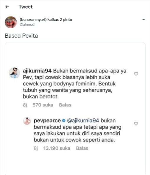 Unggahan Twitter soal tubuh berotot Pevita dicibir kurang menarik.