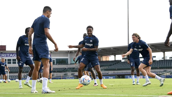 ORLANDO, FL - JULY 19: Levi Colwill, Kalidou Koulibaly, Raheem Sterling and Conor Gallagher of Chelsea during a training session at Osceola Heritage Park Orlando FC Training Facility on July 19, 2022 in Orlando, Florida. (Photo by Darren Walsh/Chelsea FC via Getty Images)