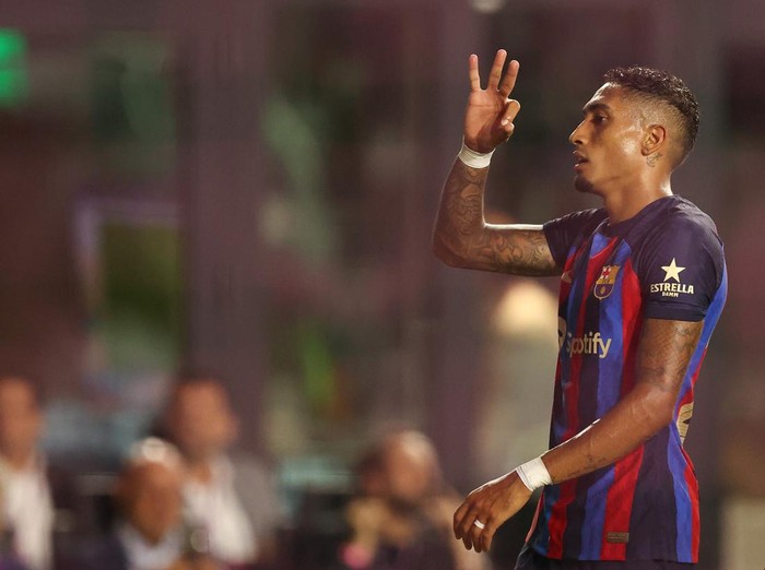 FORT LAUDERDALE, FL - JULY 19: Raphinha of FC Barcelona celebrates after scoring a goal to make it 0-2 during the pre season friendly between Inter Miami and FC Barcelona at DRV PNK Stadium on July 19, 2022 in Fort Lauderdale, Florida. (Photo by James Williamson - AMA/Getty Images)