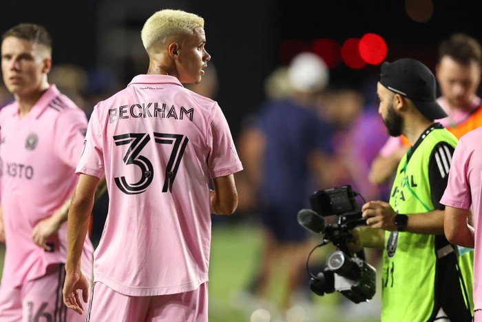 FORT LAUDERDALE, FL - JULY 19: Romeo James Beckham of Inter Miami at full time of the pre season friendly between Inter Miami and FC Barcelona at DRV PNK Stadium on July 19, 2022 in Fort Lauderdale, Florida. (Photo by James Williamson - AMA/Getty Images)
