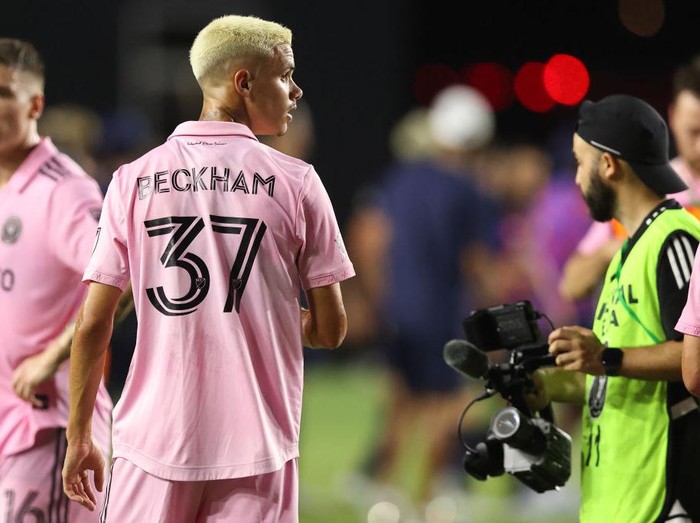 FORT LAUDERDALE, FL - JULY 19: Romeo James Beckham of Inter Miami at full time of the pre season friendly between Inter Miami and FC Barcelona at DRV PNK Stadium on July 19, 2022 in Fort Lauderdale, Florida. (Photo by James Williamson - AMA/Getty Images)