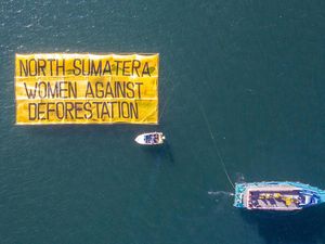 Spanduk Raksasa Anti Deforestasi Mejeng di Danau Toba