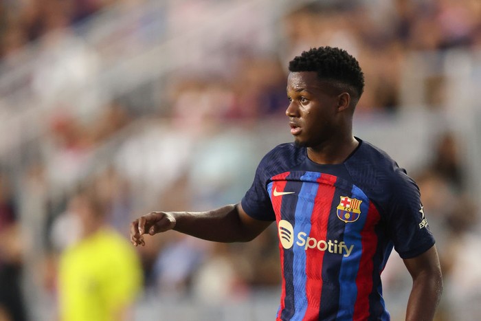 FORT LAUDERDALE, FL - JULY 19: Ansu Fati of FC Barcelona during the pre season friendly between Inter Miami CF and FC Barcelona at DRV PNK Stadium on July 19, 2022 in Fort Lauderdale, Florida. (Photo by James Williamson - AMA/Getty Images)
