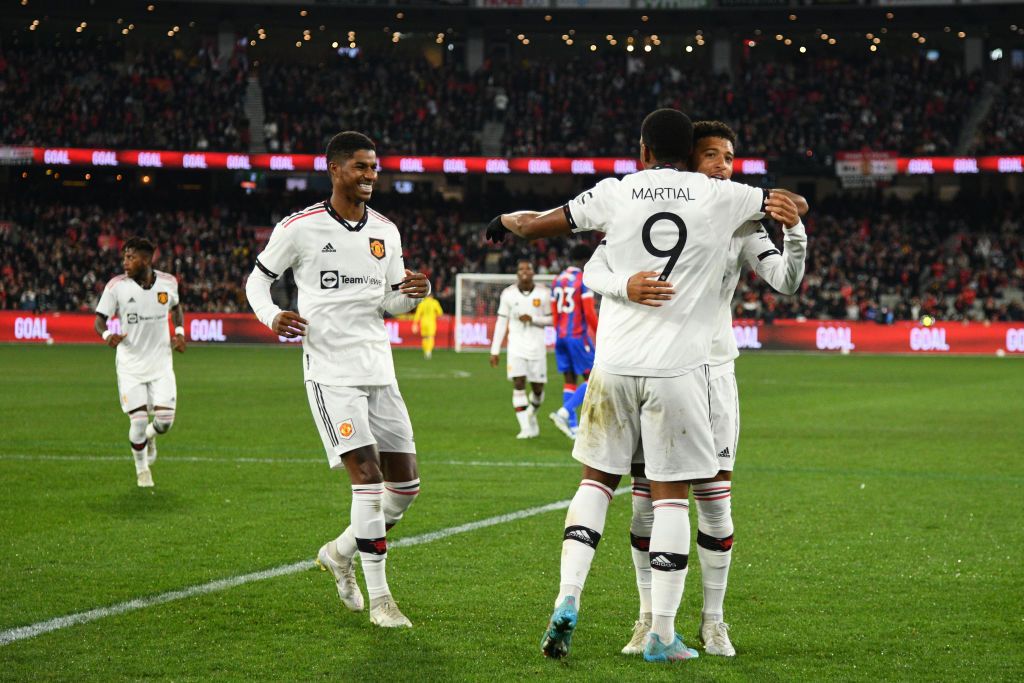 MELBOURNE, AUSTRALIA - JULY 19:  Anthony Martial of Manchester United celebrates after scoring a goal during the Pre-Season Friendly match between Manchester United and Crystal Palace at Melbourne Cricket Ground on July 19, 2022 in Melbourne, Australia. (Photo by Vince Caligiuri/Getty Images)