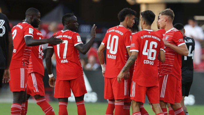 WASHINGTON, DC - JULY 20: Sadio Mane of Bayern Munich celebrates after scoring their sides first goal during the pre-season friendly match between DC United and Bayern Munich at Audi Field on July 20, 2022 in Washington, DC. (Photo by Rob Carr/Getty Images)