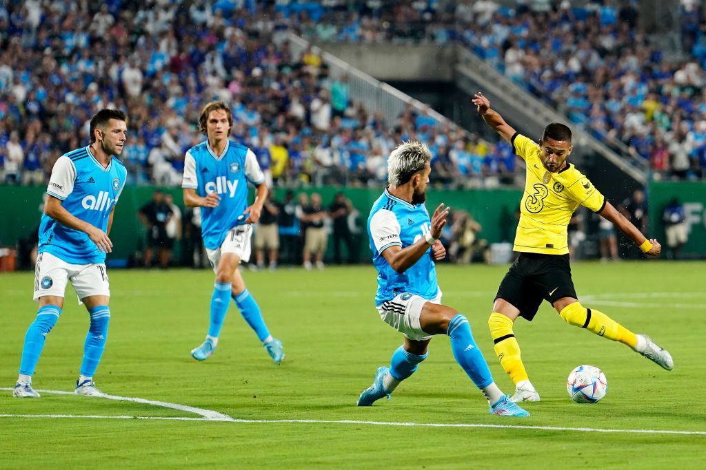 CHARLOTTE, NORTH CAROLINA - JULY 20: Hakim Ziyech of Chelsea shoots during the Pre-Season Friendly match between Chelsea FC and Charlotte FC at Bank of America Stadium on July 20, 2022 in Charlotte, North Carolina. (Photo by Jacob Kupferman/Getty Images)