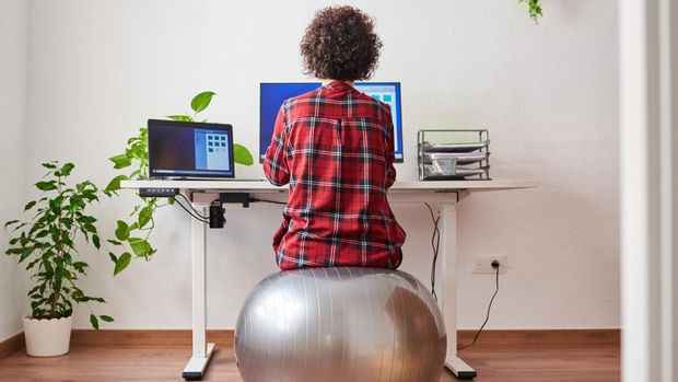 Back view of a woman teleworking sitting on a fitball in front of her desk