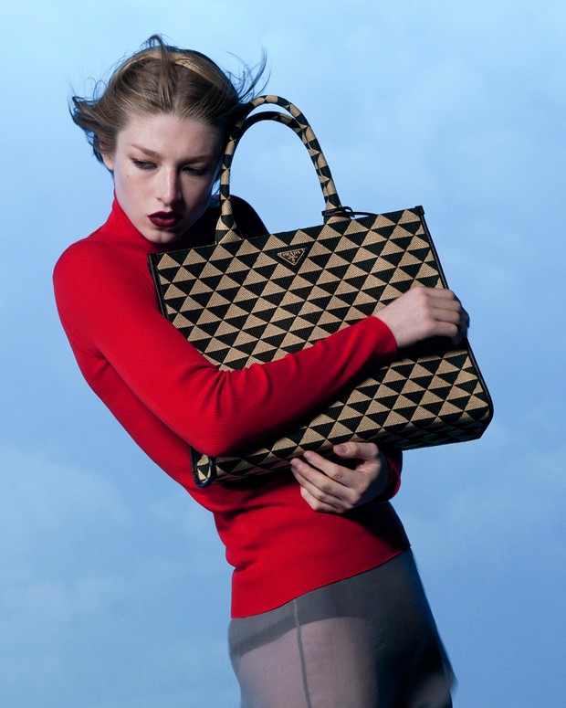 Large Prada Symbole Jacquard Fabric Handbag