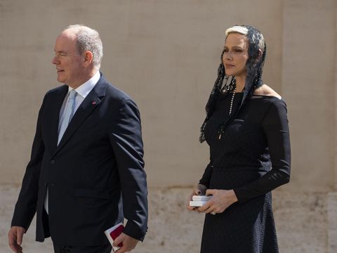 VATICAN - 2022/07/20: Prince Albert II and Princess Charlene walk through the San Damaso courtyard after their private audience with Pope Francis. Pope Francis receives Prince Albert II of Monaco and Princess Charlene at the Apostolic Palace in Vatican City. (Photo by Stefano Costantino/SOPA Images/LightRocket via Getty Images)