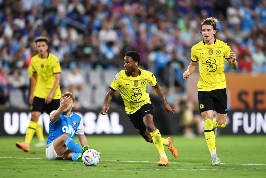 CHARLOTTE, NORTH CAROLINA - JULY 20: Raheem Sterling of Chelsea runs with the ball during the Pre-Season Friendly match between Chelsea FC and Charlotte FC at Bank of America Stadium on July 20, 2022 in Charlotte, North Carolina. (Photo by Jacob Kupferman/Getty Images)