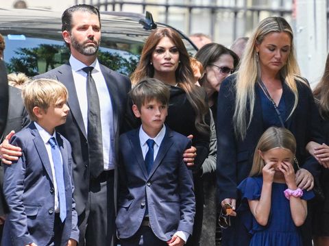 NEW YORK, NEW YORK - JULY 20: Donald Trump Jr. and Kimberly Guilfoyle arrive for the funeral of Ivana Trump at St. Vincent Ferrer Roman Catholic Church July 20, 2022 in New York City. Trump, the first wife of former U.S. president Donald Trump, died at the age of 73 after a fall down the stairs of her Manhattan home.   Alexi J. Rosenfeld/Getty Images/AFP (Photo by Alexi J. Rosenfeld / GETTY IMAGES NORTH AMERICA / Getty Images via AFP)