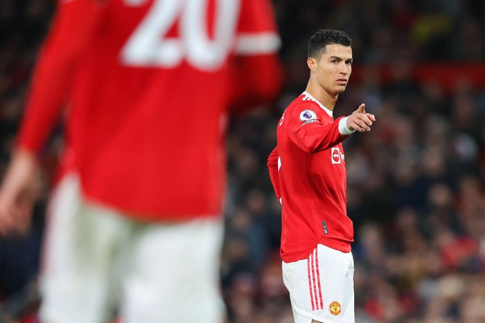 MANCHESTER, ENGLAND - MARCH 12: Cristiano Ronaldo of Manchester United gestures during the Premier League match between Manchester United and Tottenham Hotspur at Old Trafford on March 12, 2022 in Manchester, England. (Photo by James Gill - Danehouse/Getty Images)