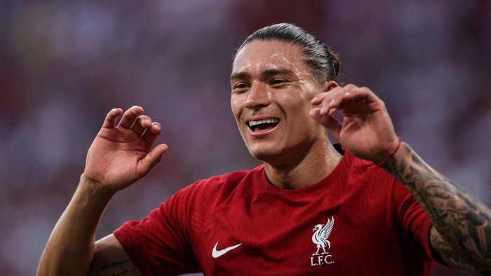 Liverpools Uruguayan forward Darwin Nunez celebrates scoring his teams fourth goal during the friendly football match between German first division Bundesliga club RB Leipzig and Liverpool FC in Leipzig, eastern Germany, on July 21, 2022. (Photo by Ronny HARTMANN / AFP) (Photo by RONNY HARTMANN/AFP via Getty Images)
