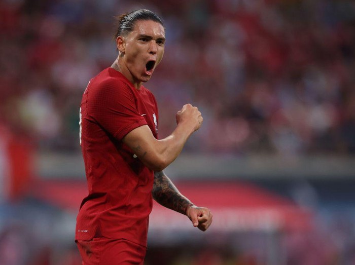 Liverpool's Uruguayan forward Darwin Nunez celebrates scoring his team's fifth goal during the friendly football match between German first division Bundesliga club RB Leipzig and Liverpool FC in Leipzig, eastern Germany, on July 21, 2022. (Photo by Ronny HARTMANN / AFP) (Photo by RONNY HARTMANN/AFP via Getty Images)