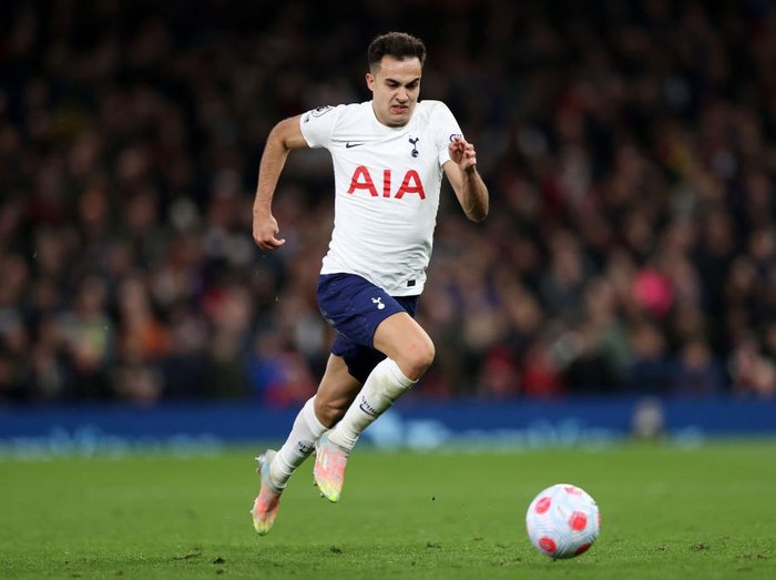 MANCHESTER, ENGLAND - MARCH 12: Sergio Reguilon of Tottenham Hotspur in action during the Premier League match between Manchester United and Tottenham Hotspur at Old Trafford on March 12, 2022 in Manchester, England. (Photo by Naomi Baker/Getty Images)