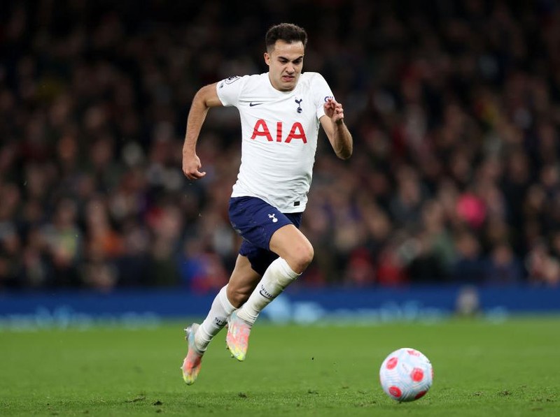 MANCHESTER, ENGLAND - MARCH 12: Sergio Reguilon of Tottenham Hotspur in action during the Premier League match between Manchester United and Tottenham Hotspur at Old Trafford on March 12, 2022 in Manchester, England. (Photo by Naomi Baker/Getty Images)