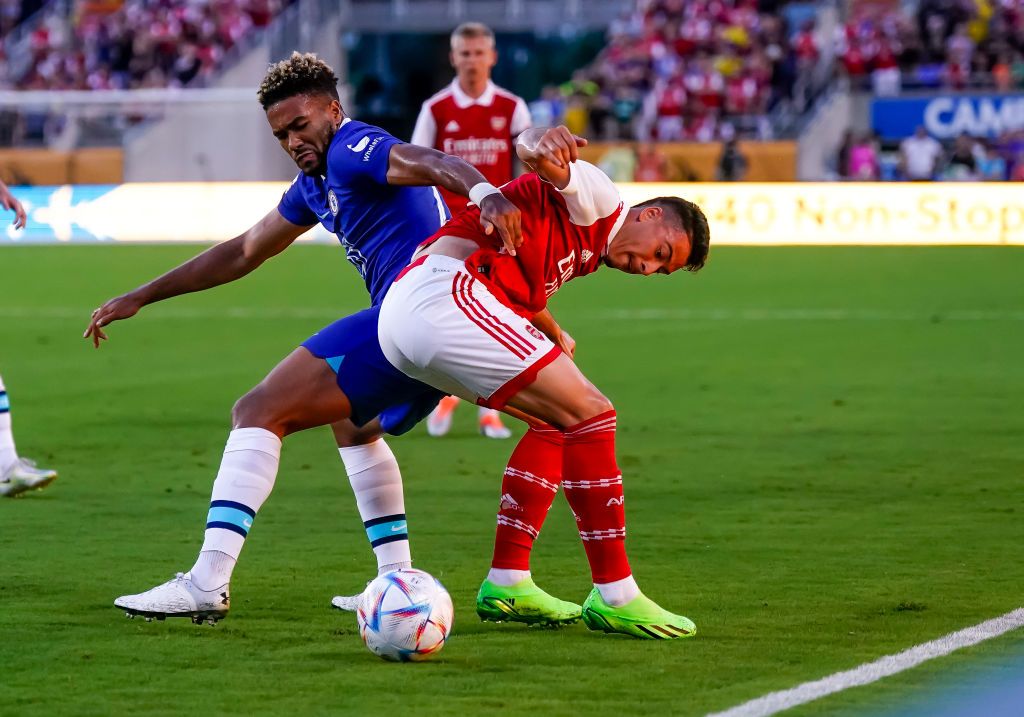 ORLANDO, FL - JULY 23: - Chelsea defender Reece James (24) and Arsenal forward Gabriel Martinelli (11)during the FC Series soccer match between Arsenal FC and Chelsea FC on July 23, 2022, at Camping World Stadium in Orlando, FL. (Photo by Andrew Bershaw/Icon Sportswire via Getty Images)